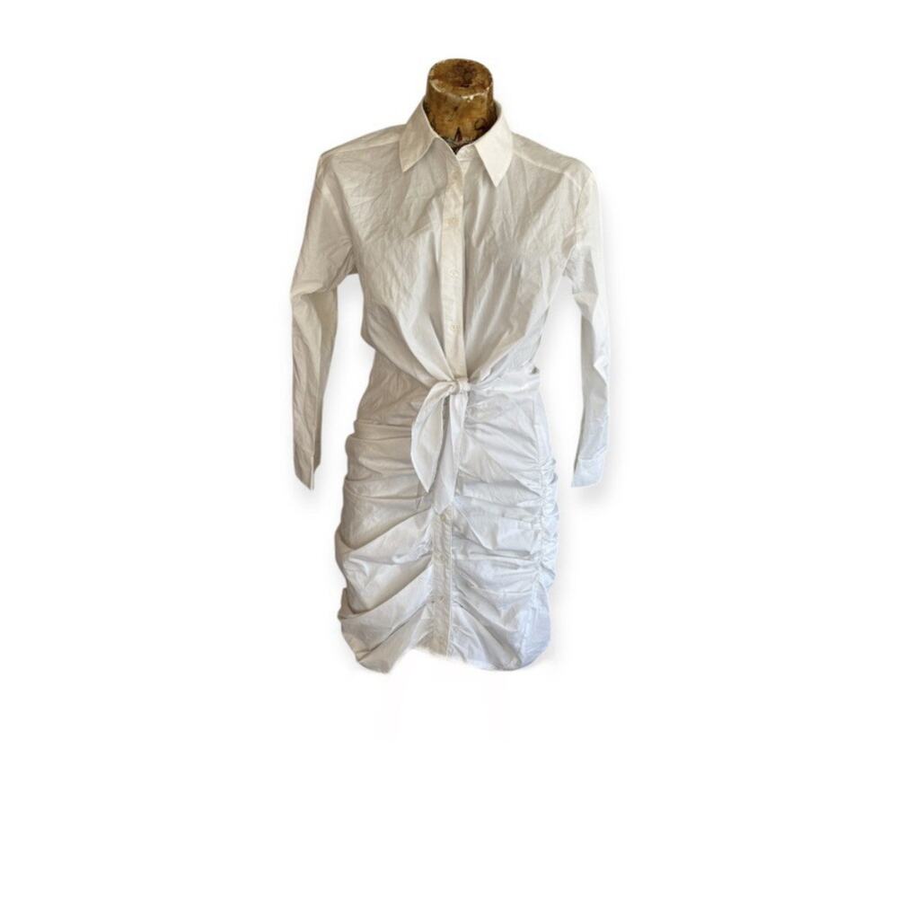 ASTR The Label Women’s White Ruched Tie Waist Long Sleeve T-Shirt Dress Size S